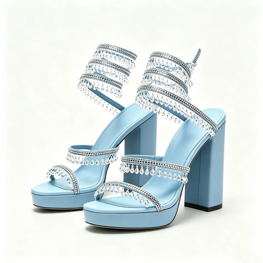 Crystal pendant platform high heels sandals baby blue/black/red leather chunky heels ankle warp summer new party wedding shoes