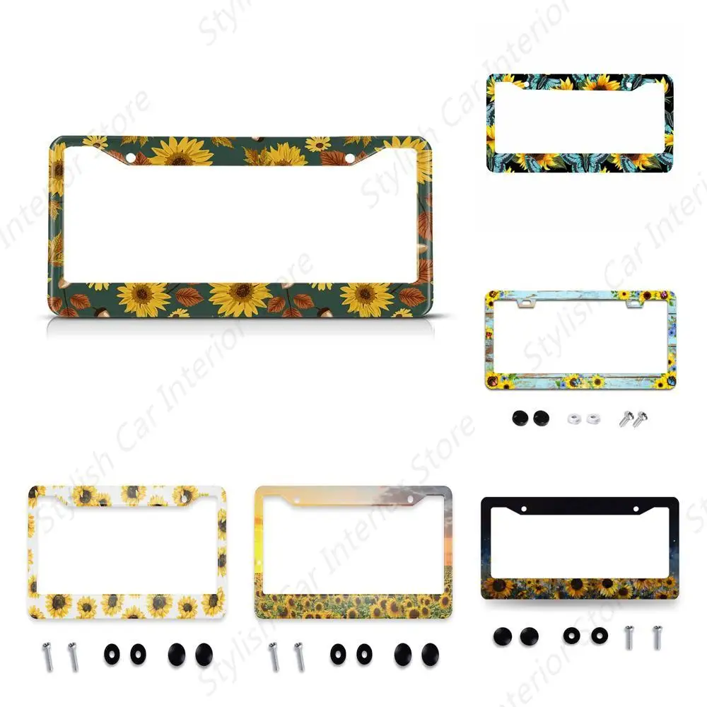 Vintage Sunflowers License Plate Frame Retro Fall Flowers License Plate Holder Maple Leaves Car Tag Frame License Plate