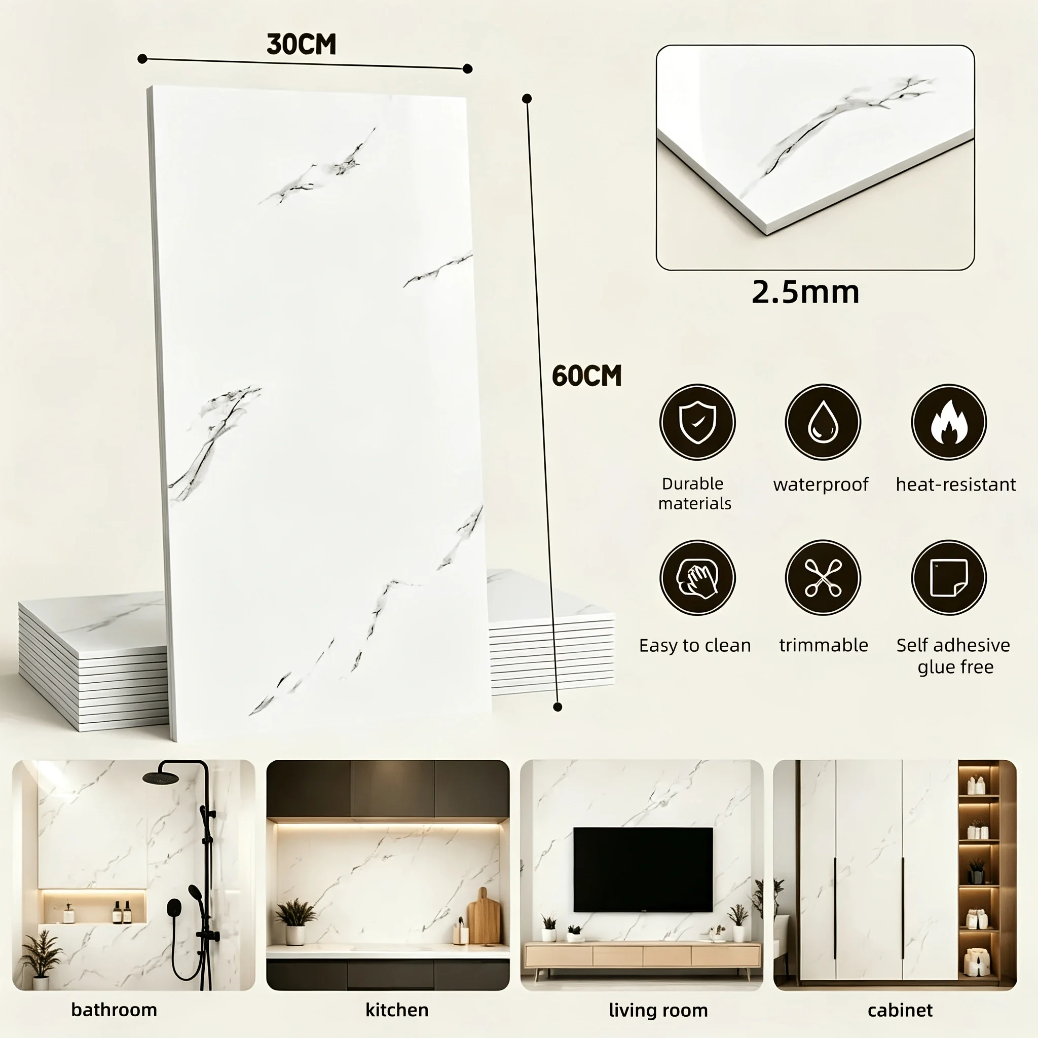 7+1/15+1/21+1 PCS Glossy White Marble Peel And Stick Wall Tiles Waterproof Oilproof Self Adhesive Backsplash Stickers For Kitchen Bathroom Living Room Decor(23.62