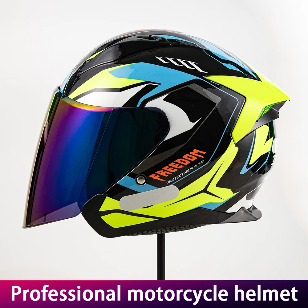 

Мужской мотоциклетный шлем с двумя линзами, дизайн три четверти, красочный гоночный стиль, головной убор для скутера и мотоцикла
