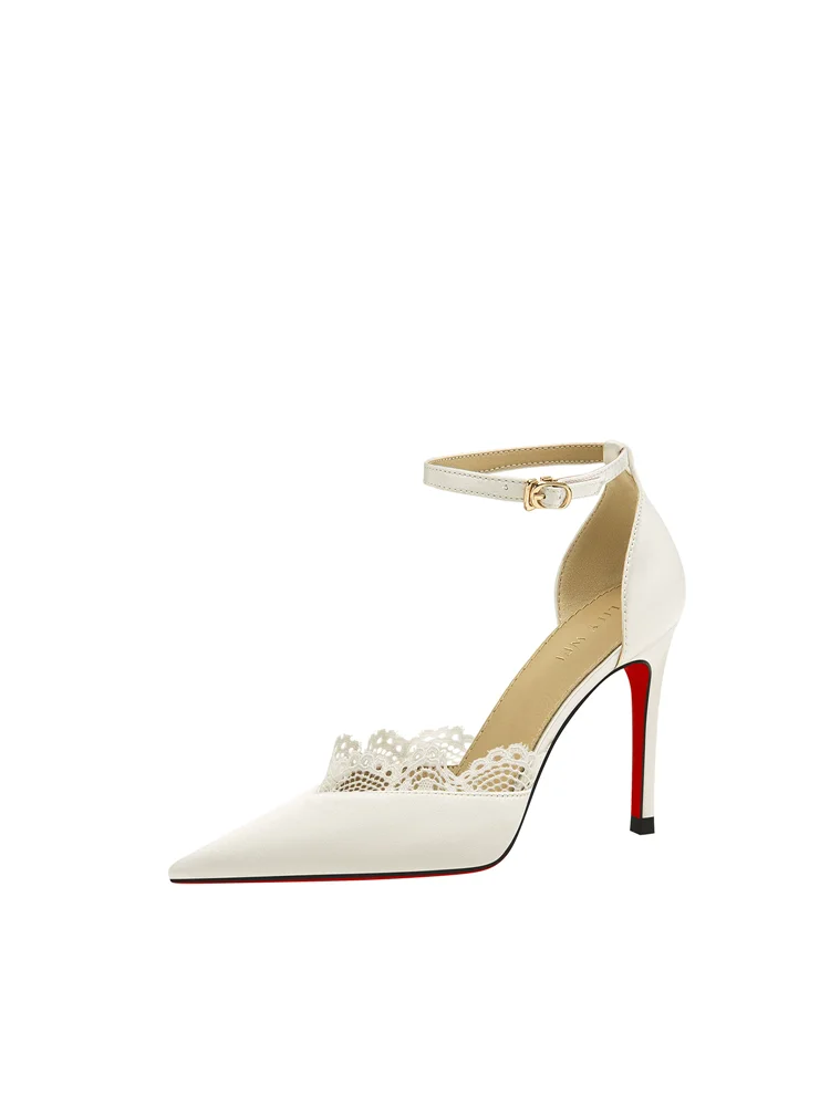 Summer new style pointed toe silk lace-up small size wedding shoes, banquet large size widened version high-heeled women sandals