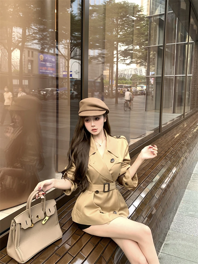 Autumn Winter New Khaki Double Waistband Trench Coat Women's Fashion Trend Windbreaker