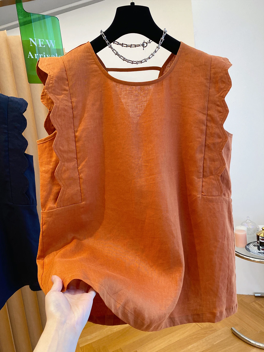 Retro Cotton Linen Vest irt Women's Loose All-Match Design Sensation Fly Sve Cotton Linen Small irt Top