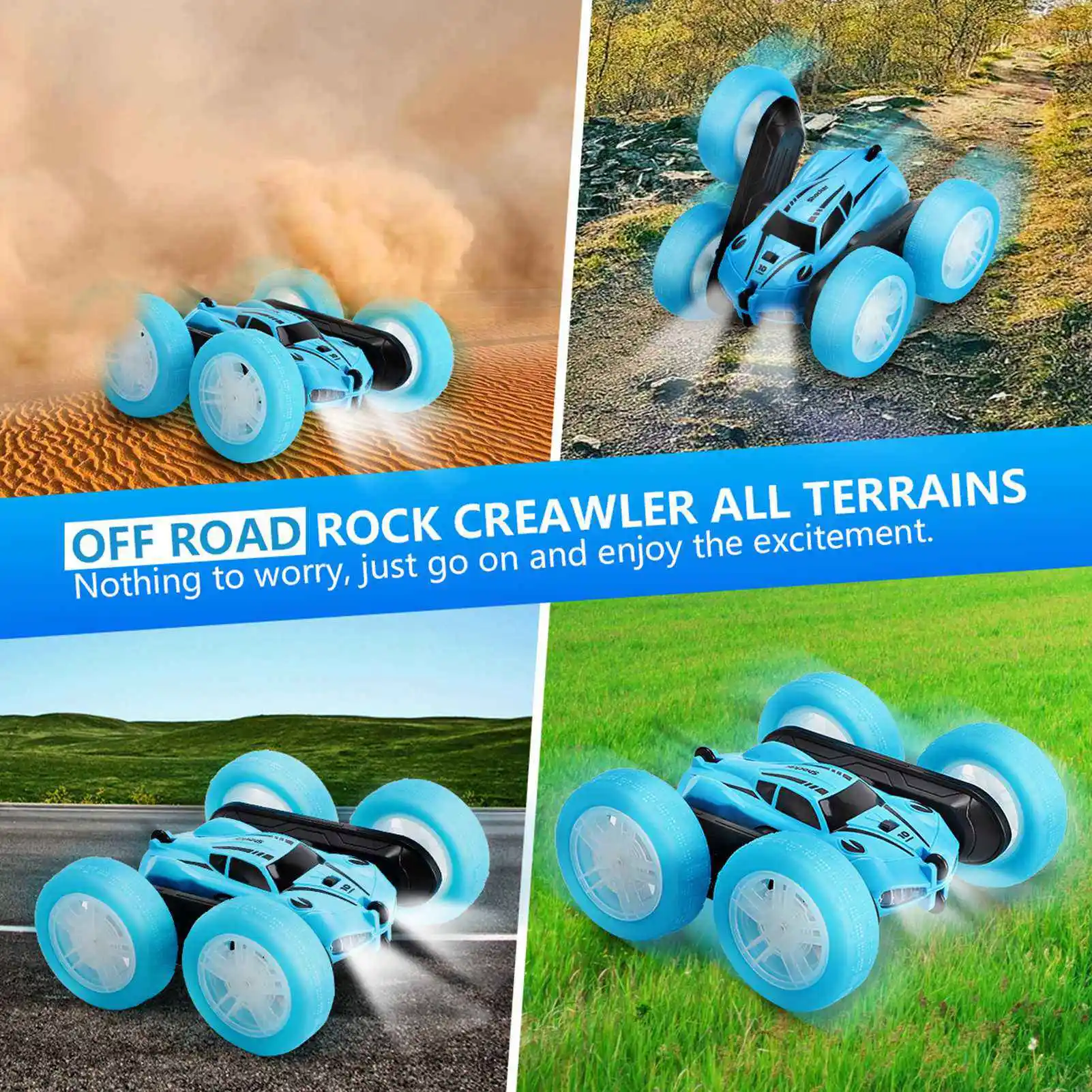 2.4G Double Sided RC Stunt Car 360 Degree Flip Rotating Remote Control Car with Light 2 Rechargeable Batteries Blue