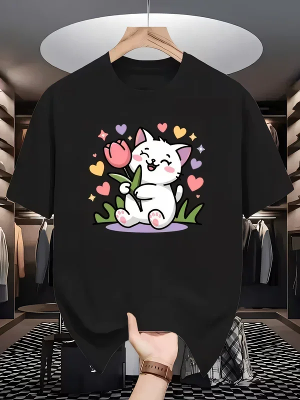 Camiseta con gráfico de gato de dibujos animados y tulipán rosa, camiseta informal de manga corta con cuello redondo, camiseta negra, Top estético Harajuku de verano