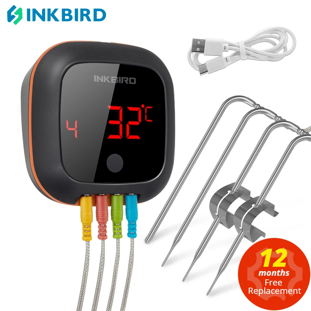 INKBIRD Digital BBQ Cooking Oven Thermometer 50 Meters Bluetooth Range IBT-4XS With 1000mAh Li-Battery Timer Meat Colorful Probe