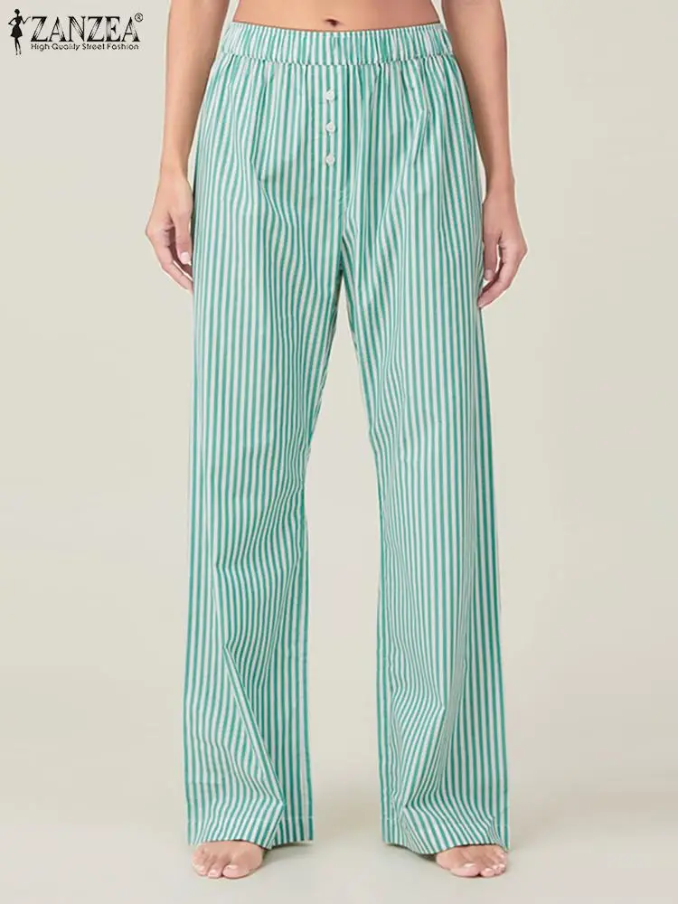 ZANZEA Summer Wide Leg Trousers Women Casual Home Sleep Long Pants Loose Elastic Waist Pants Summer Daily Stripe Sleep Pantalons