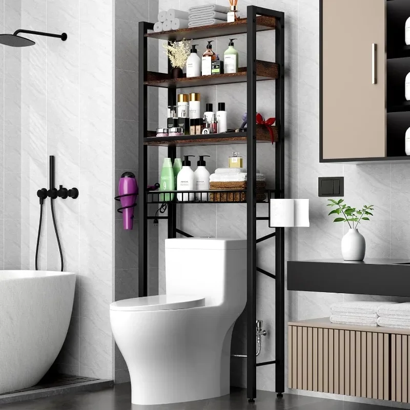 Modern Bathroom Storage Cabinet with 4 Tiers, Dividers & Basket, Freestanding Organizer for Small Spaces