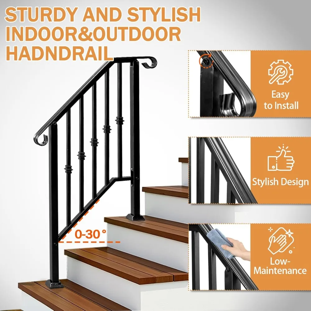 2 Pack 3 Step Handrails for Outdoor Steps,Wrought Iron Stair Railing,Metal Hand Railing with Installation Kit,Staircase Handrail