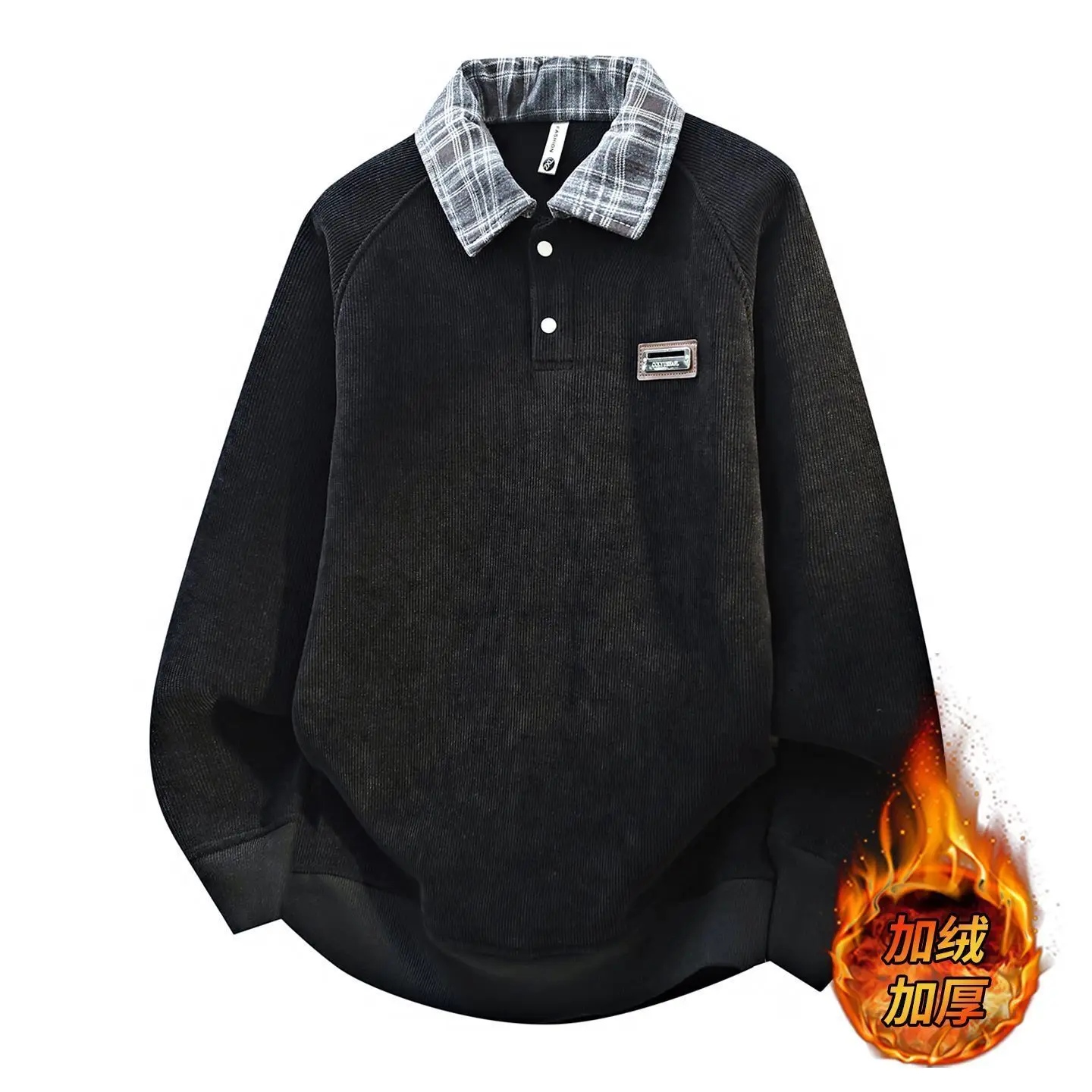 Fake Two-Piece Shirt Collar Sweatshirt Patchwork Plaid Fleece-lined Thickened Pullover Textured Casual Streetwear Warmth Tops