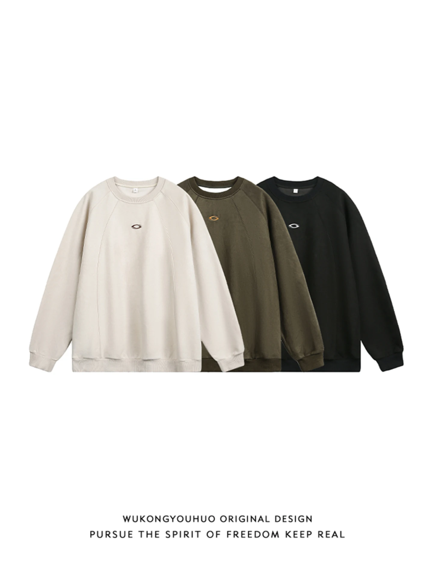 Felpa rotonda alla moda in pelle scamosciata ricamata Ne, top casual da uomo allentato per la gioventù autunnale in fibra di poliestere, fibra elastica in spandex