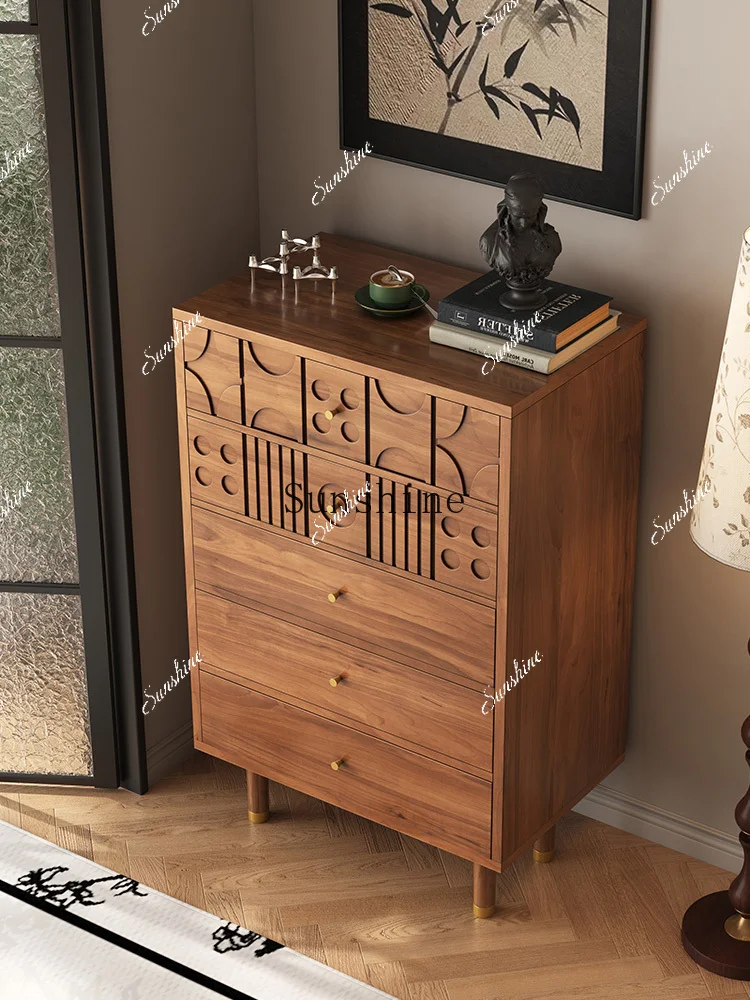 Solid wood living room storage locker medieval carved five-bucket drawer side cabinet  FT