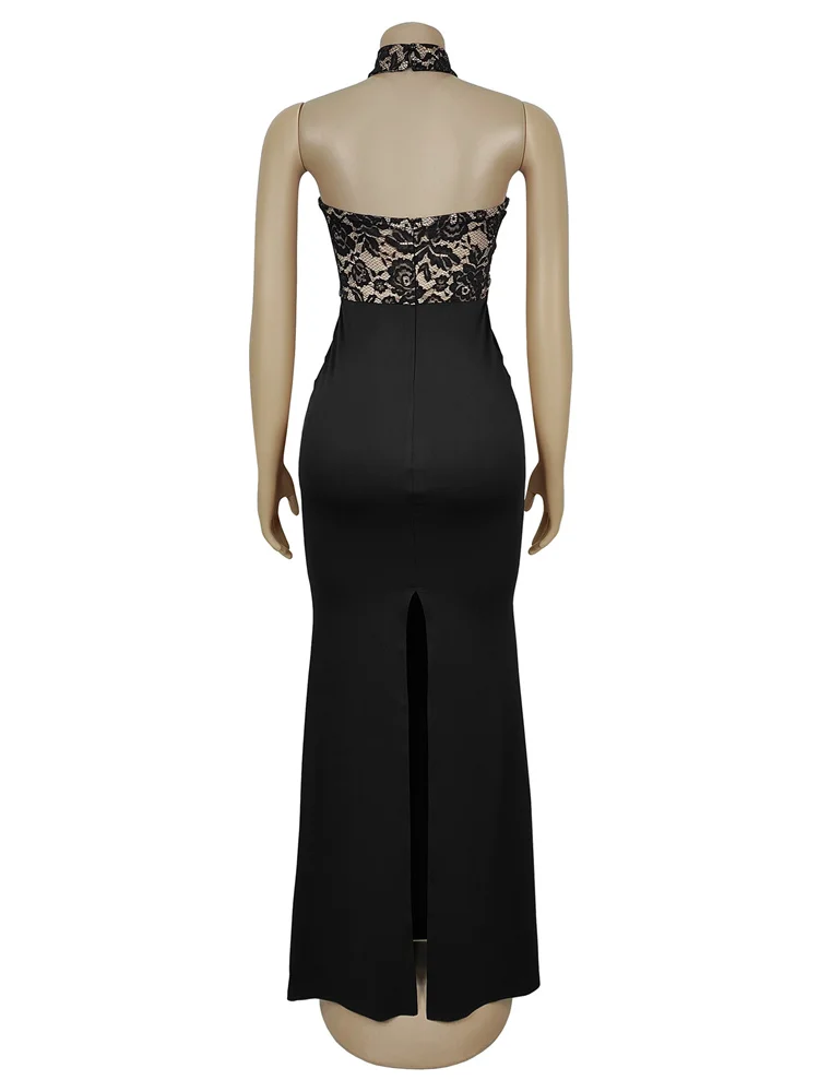 Strano Puss Sexy Halter Split Maxi vestido mujeres Jacquard Patchwork espalda descubierta cremallera elegante flaco melocotón cadera estiramiento noche ceñido