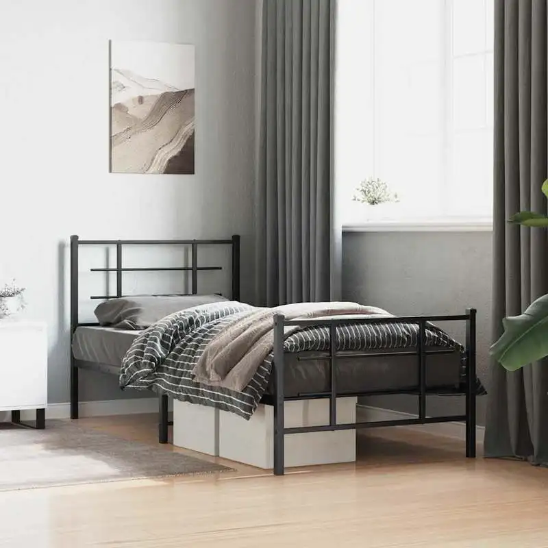Cadre de lit métallique en acier thermolaqué 90 x 200 cm noir avec sommier à lattes, pieds centraux, espace de rangement inférieur, têtes et pieds de lit pratiques pour chambre parentale et studio