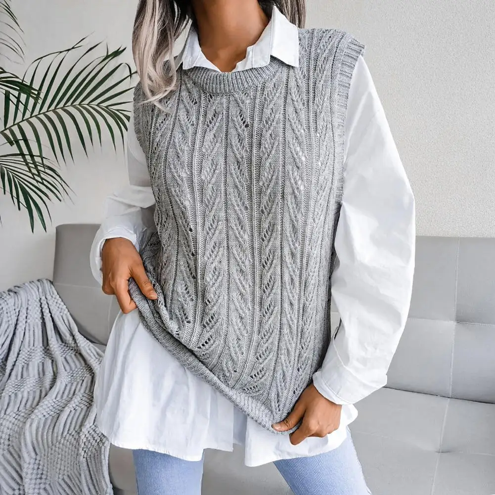 

Sweater Vest O-Neck Solid Color Twist Hollow Out Ribbed Trim Sweater Vest Women Autumn Winter Loose Sleeveless Knitwear