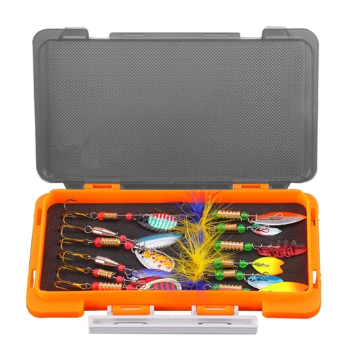 Imagen 2 del producto Señuelos giratorios de Metal duro, cebos para pesca de lubina, trucha, salmón, con caja de aparejos, Kit de Señuelos de Pesca con cola de gallo y plumas, 12 Uds.