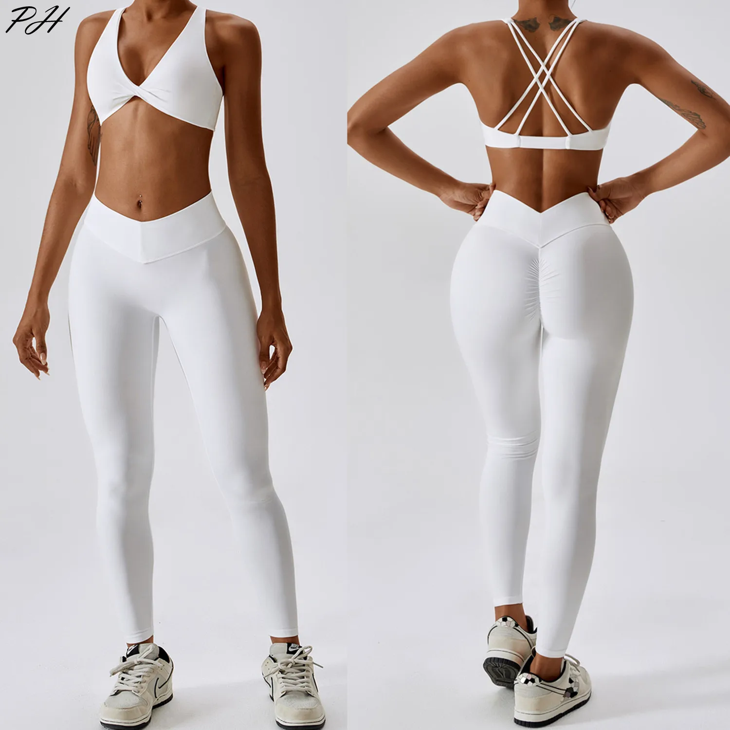 

White Yoga Sets Women Sexy Beauty Back Bra High Waist Leggings Suit Comfort Soild Fitness Running Sport Sets Breathabe Sportwear