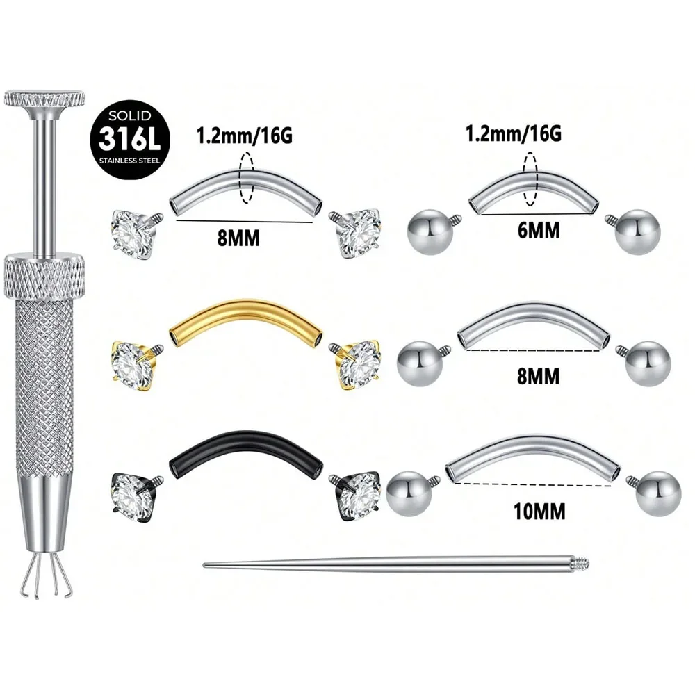 Internally Threaded Eyebrow Piercing Jewelry,16G Stainless Steel Vertical Labret Lip Jewelry,Curved Barbell Eyebrow Rings Rook