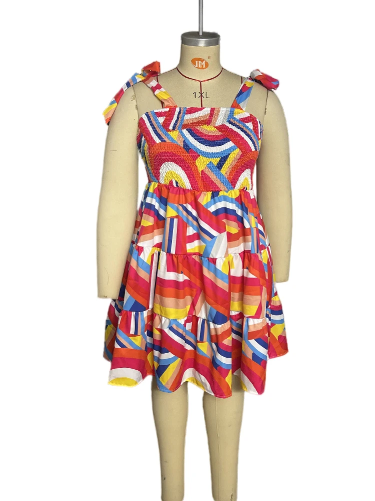 Mini vestido elástico feminino, elegante vestido estampado, vestidos com gola sem mangas, plus size, primavera, verão, atacado, Dropshipping