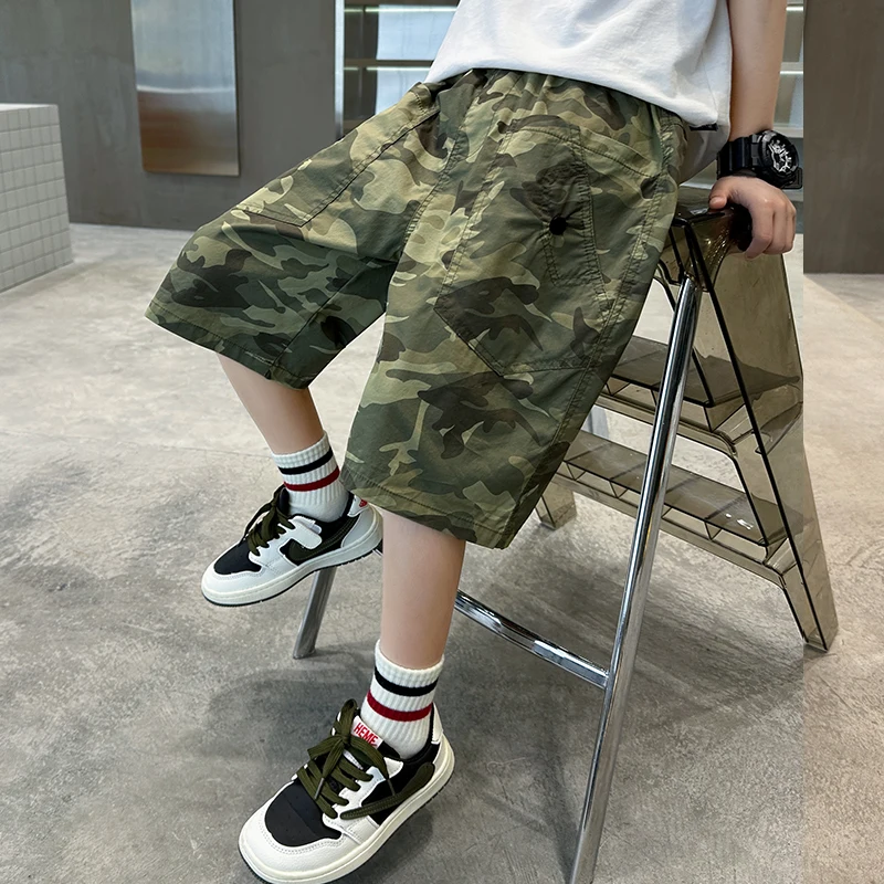 New Summer Tweens Boy Camo Cargo Shorts Teens Child Loose Style Military Tactical Work Shorts Kids Camouflage Army Capri Pants