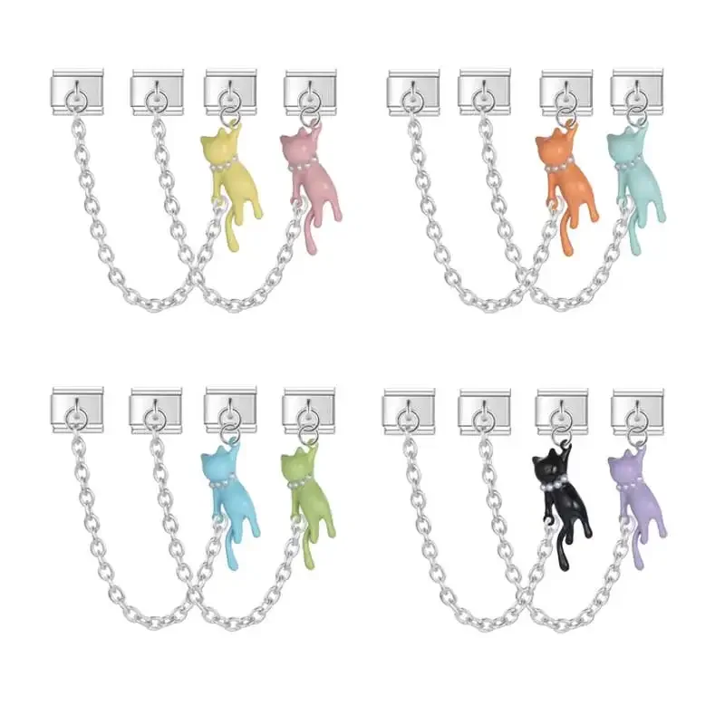 Charm Italian Stainless Steel Bracelet 9mm Module Splicing Pendant Chain Style Double Cute Colorful Pearl Kitten Cat for Women