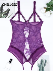 CHILLGIO Sexy Crotchless Purple Lingerie Women Lace Hollow Oversize Jumpsuit Erotic Pajamas Sheer Bodycon Combination Bodysuits