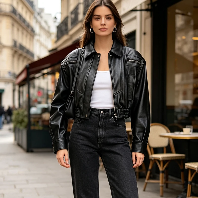 Luxury Fashion Real Leather Jackets Oil Wax Vegetable Tanned Sheepskin Women Slim High Waist Genuine Leather Short Jacket Coats