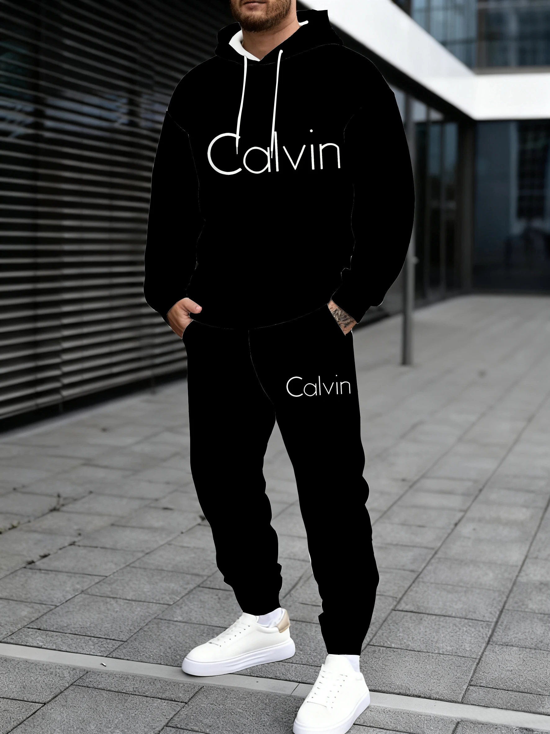 

Мужская толстовка с капюшоном в сочетании с спортивными штанами, с художественными буквами кальвина, исключающая универсальный уличный стиль.