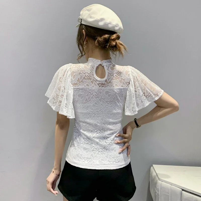 Summer Lace Tops Women 2024 Elegant Fashion Hollow Out Casual Blusas Mujer Korean Style Clothes Flare Sleeve White Black Blouses