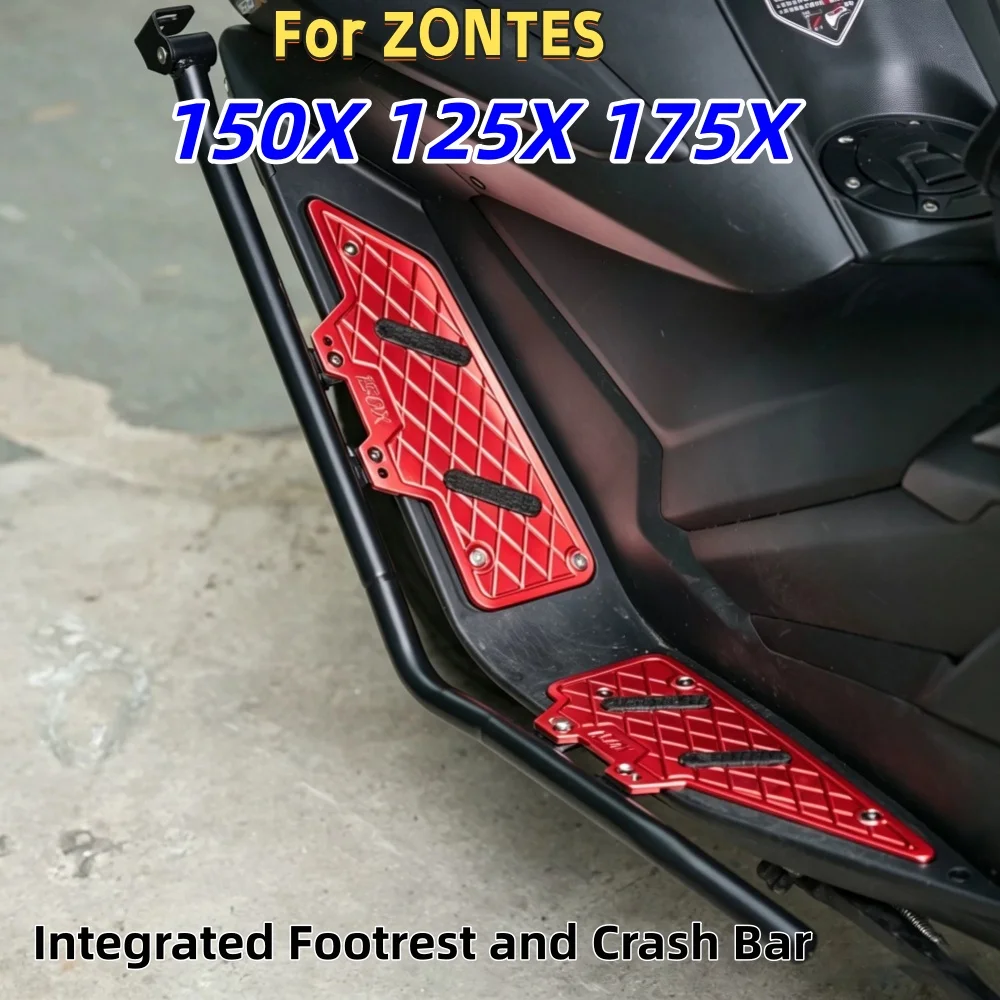 Thickened, non-slip aluminum alloy footrest/crash bar combo with spotlight bracket—suitable for ZONTES 150X, 125X, and 175X.