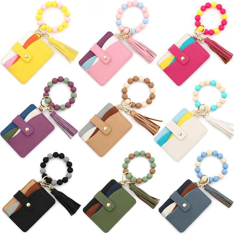 5pcs Card Holder PU Color Patchwork Multifunctional Short Hasp Wallet With Silicone Bead Bracelet Tassel
