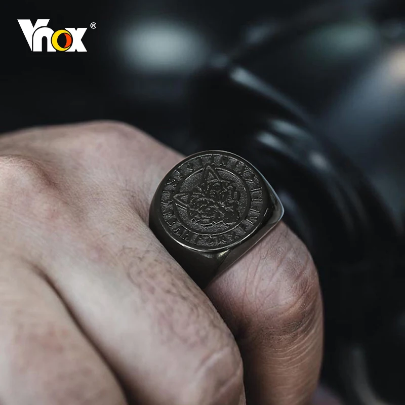 Vnox 22mm Signet Ring for Men, Black Round Top Nordic Viking Wolf Stamp Ring, Vegvisir and Norse Valknut Bold Heavy Punk Ring