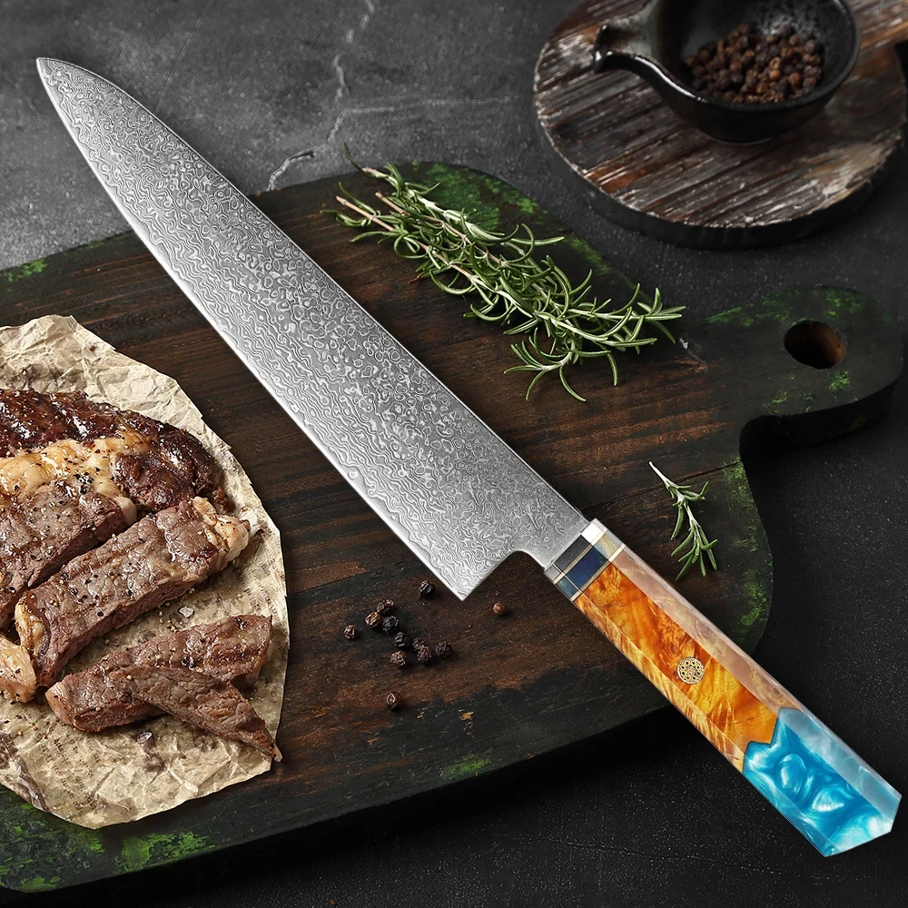 

Japanese Damascus Steel Chef Knife 8 Inch Sharp Kitchen Knife, Pro Cleaver Knife Kitchen Slicing Knife Resin & Wooden Handle