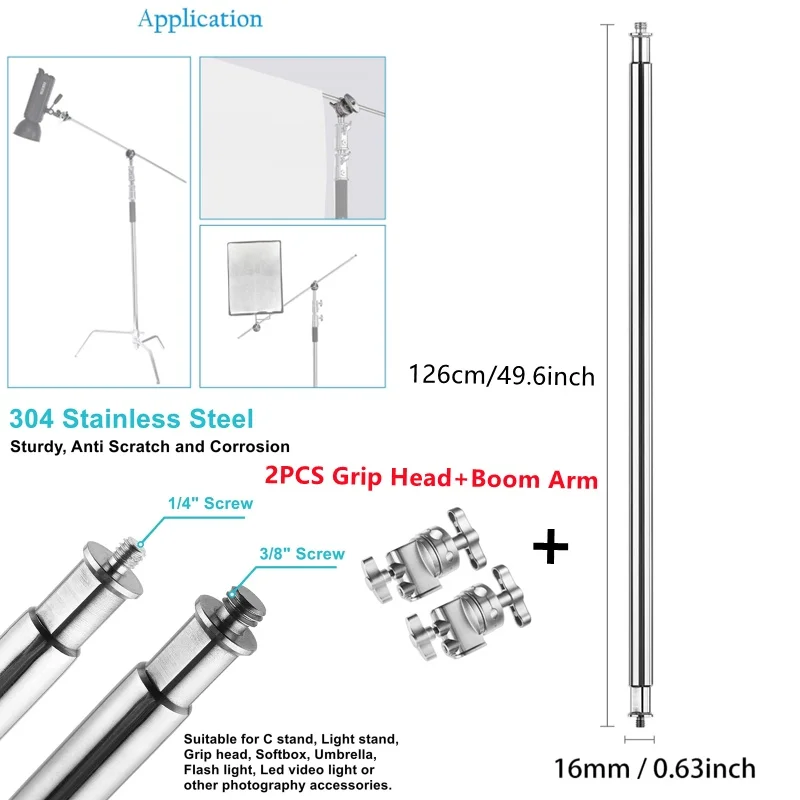 Selens 126cm Heavy Duty C-Light Stand Stainless Steel Stand Grip Arm Crossbar For C-Stand Reflector Flag Photography Accessories