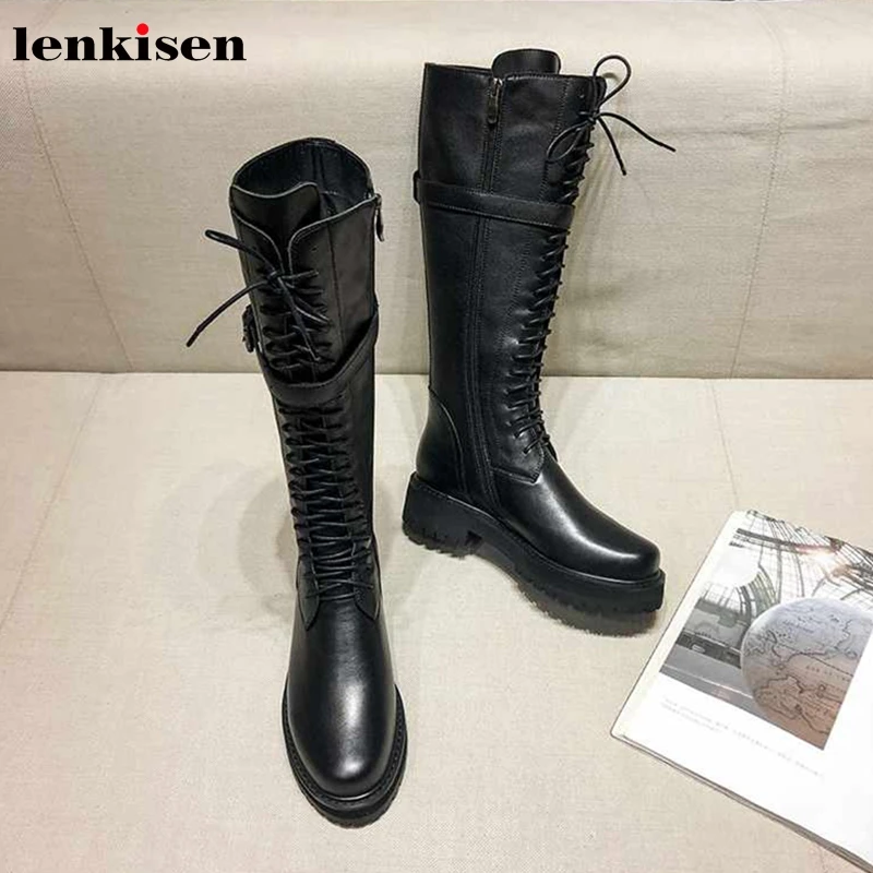 

Lenkisen Brand Knight Boots Genuine Leather Winter Shoes Med Heels Round Toe Lace Up Winter Women Warm Riding Thigh High Boots