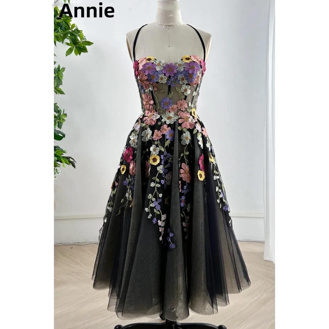 Annie Black Swan Prom Dresses Lace Embroidered Florals Evening Dresses Halterneck Tulle Fairy A-shape Wedding Party Dress