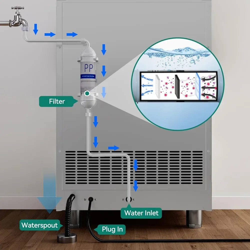 XMSJ-Atualizado Máquina Comercial Ice Maker, Colher de gelo de aço inoxidável, 100lbs Bin armazenamento, 300lbs/24h