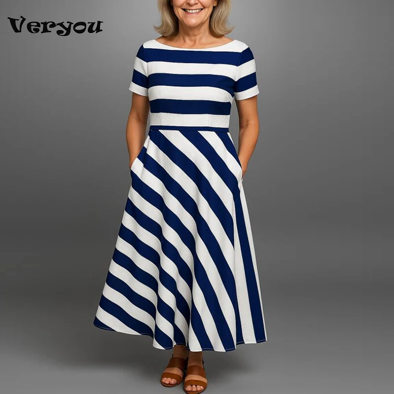 

Striped Printed Maxi Dress Women Sexy Off Shoulder Sundress Elegant Loose Short Sleeve Bohemian Dress Plus Size Vacation Dress