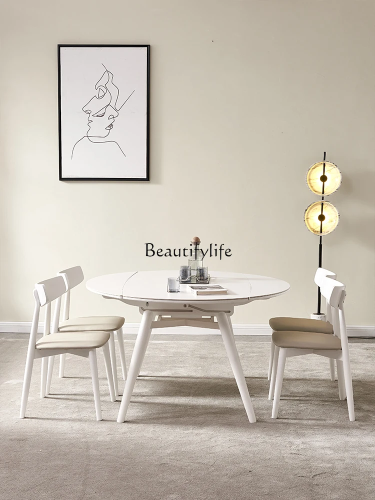 French Cream Style White Slate Dining Table Modern Simple Round Retractable