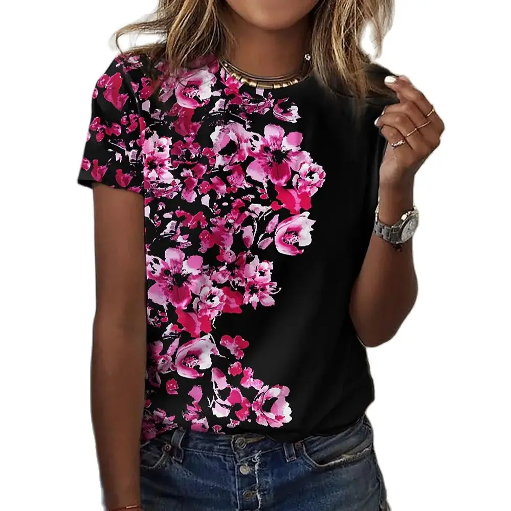 Camiseta con estampado Floral para mujer, ropa Harajuku con cuello redondo, Jersey de algodón con estampado 3D, camisetas de manga corta, ropa de