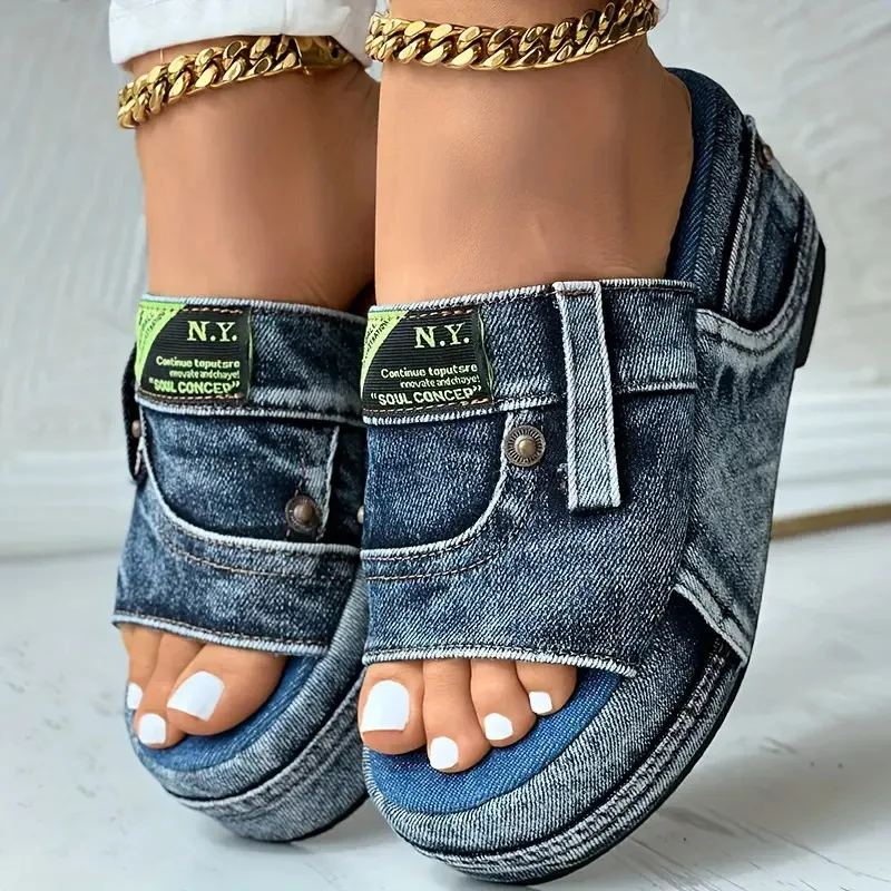Platform Women Slippers New Summer Elegant Denim Sandals Comfortable Slip on Shoes Beach Walking Slippers Casual Slides Women - Image 2