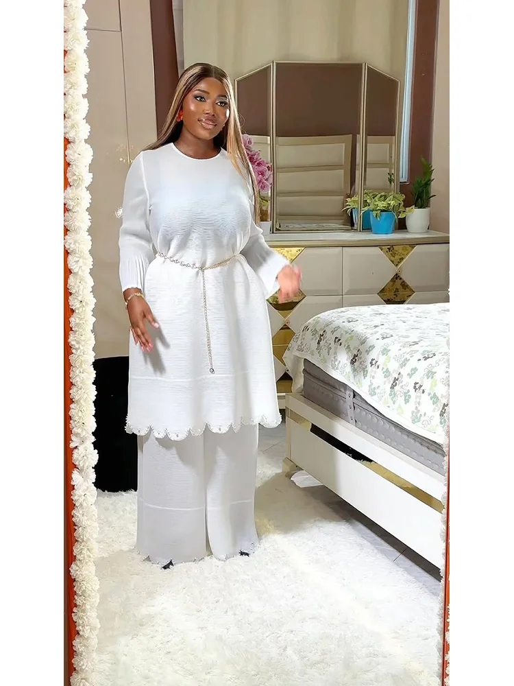 ANLAN 2025 New Large Size Miyake Pleated Solid Pants Suit Beaded Micro-lazy Long-sleeved Top+straight Pants Casual Suit 9AN5031