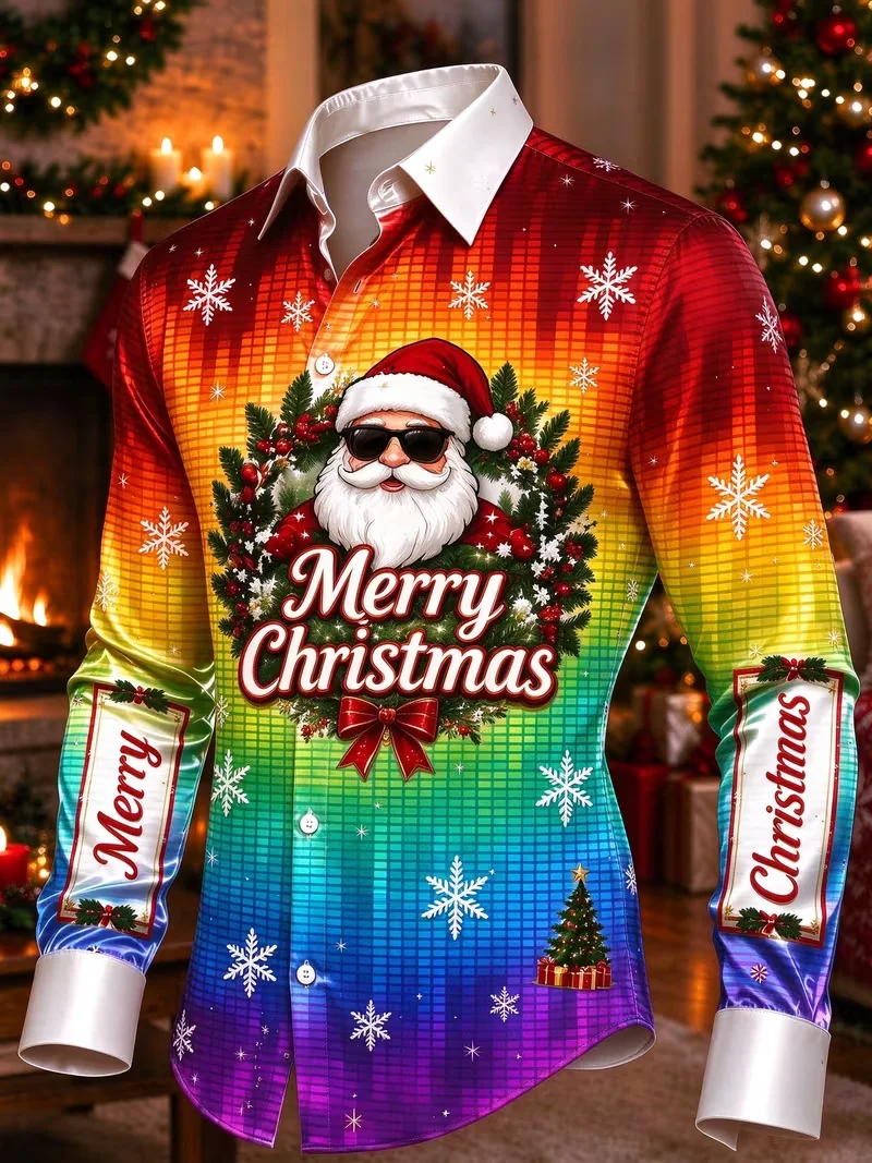 New men's shirt black satin red blue radiating starlight snowflake cane candy print slim fit trendy men's shirt