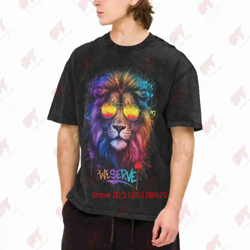 We Serve Graffiti Lion Lions Club Vintage Washed Tee Pure Cotton T-Shirt