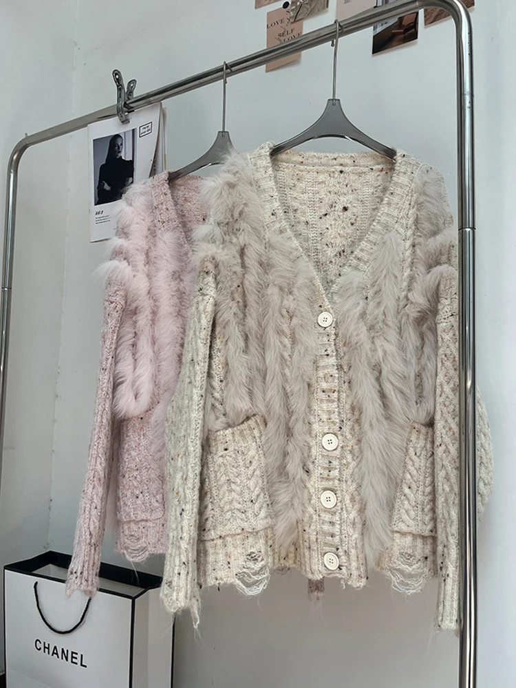 2025年春と秋のレディースファッション、本物のキツネの毛皮の装飾が施されたレディースセーターニットのシングルブレストコートアウター