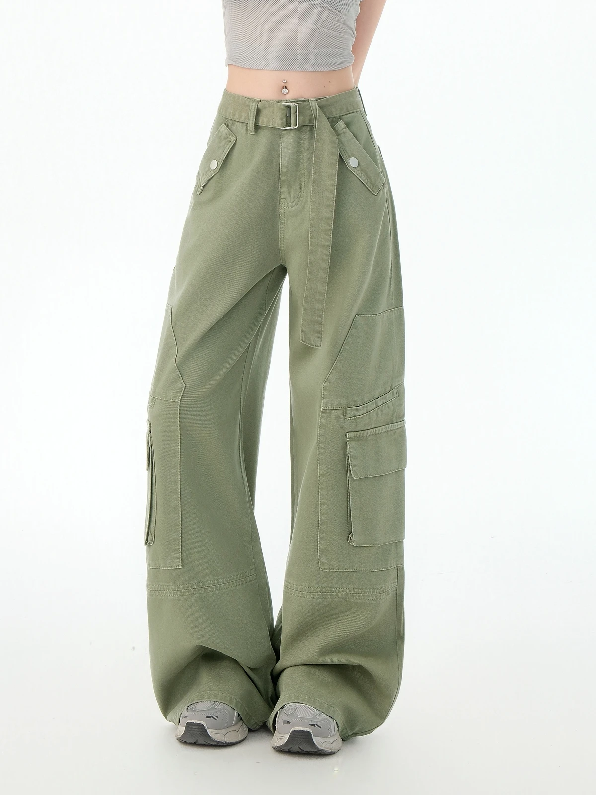 Zhisilao casual carga jeans feminino sólido verde bolso verde perna larga calças de carga reta verão 2025 streetwear