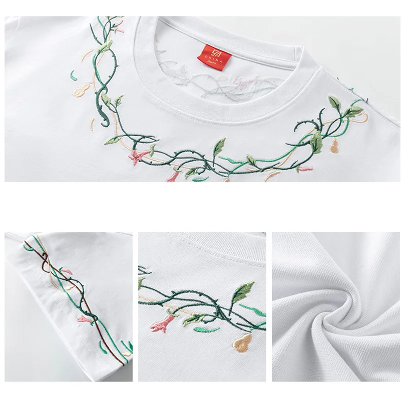 Summer Flower Embroidery TShirt Men Cotton Short Sleeve T-shirts Floral Elegant Male Top Tee Brand Streetwear 2023 Clothing