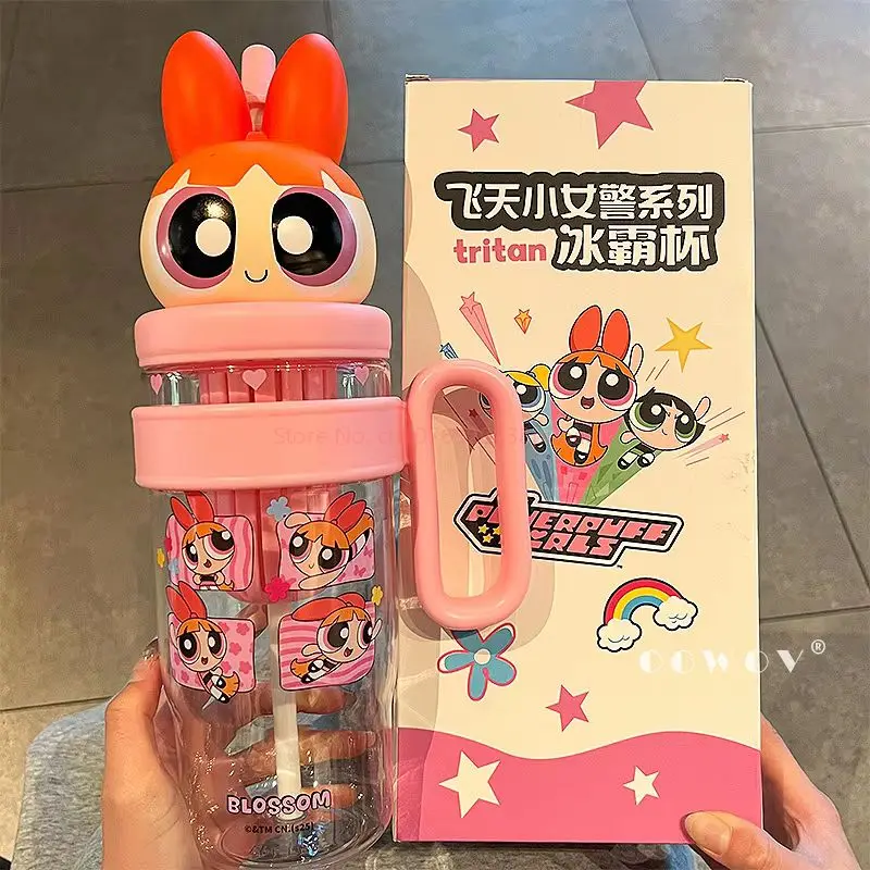 زجاجة مياه لموسم الفتيات من Powerpuff 2025 نموذج جديد كوب بقشة مع حجرة شاي كوب بلاستيكي للثلج كينغ هدايا المهرجانات أنيمي