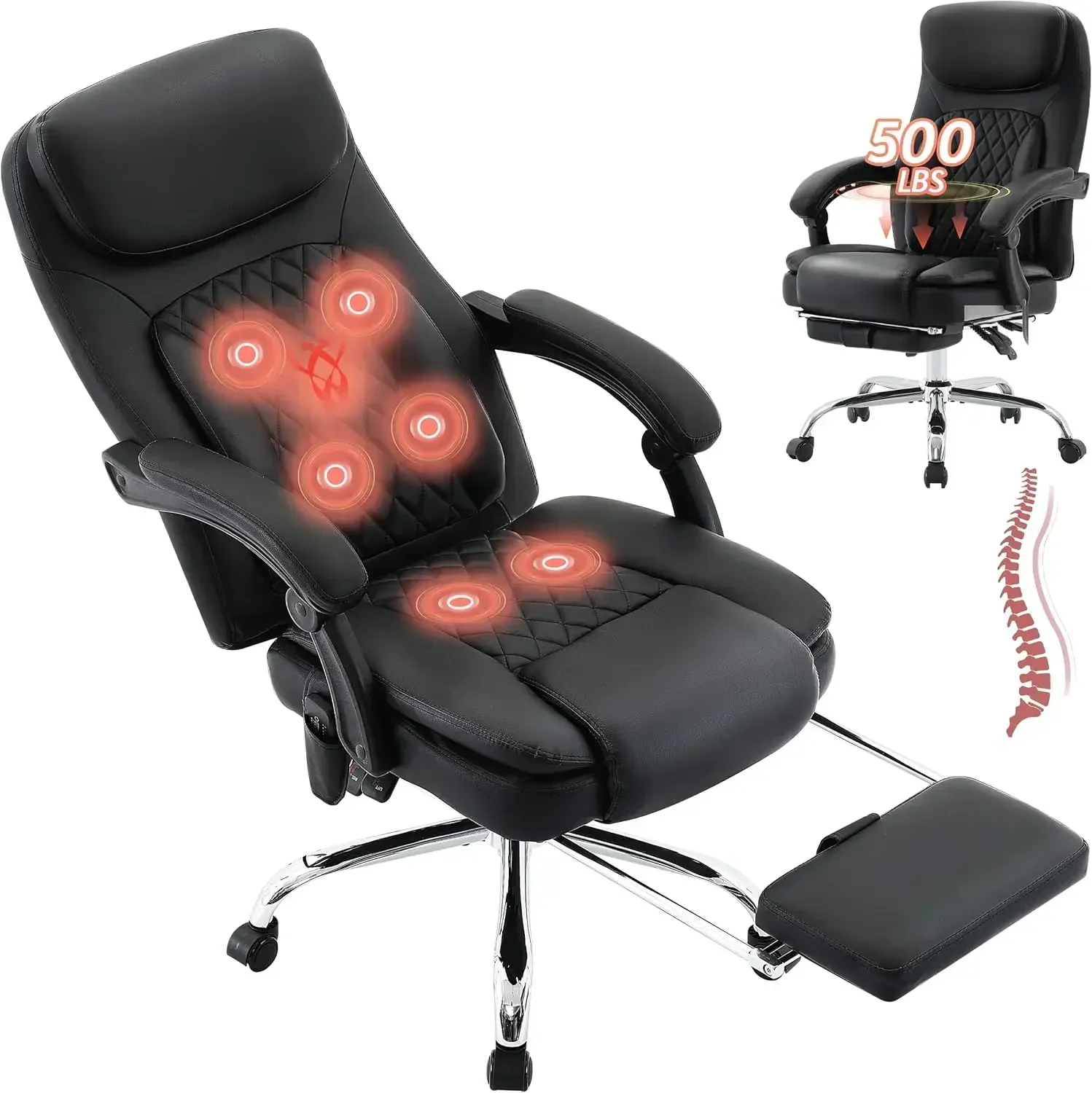 Black Big And Tall Executive Massage Office Chair Six Point Vibration Heat Reclining Footrest Wider Thicker Seat Cushion Pu Leat