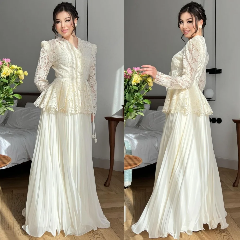 

Customized Pastrol Unisex Chiffon Pattern Pleat A-line V-neck Long Dresses Bespoke Occasion Exquisite Matching